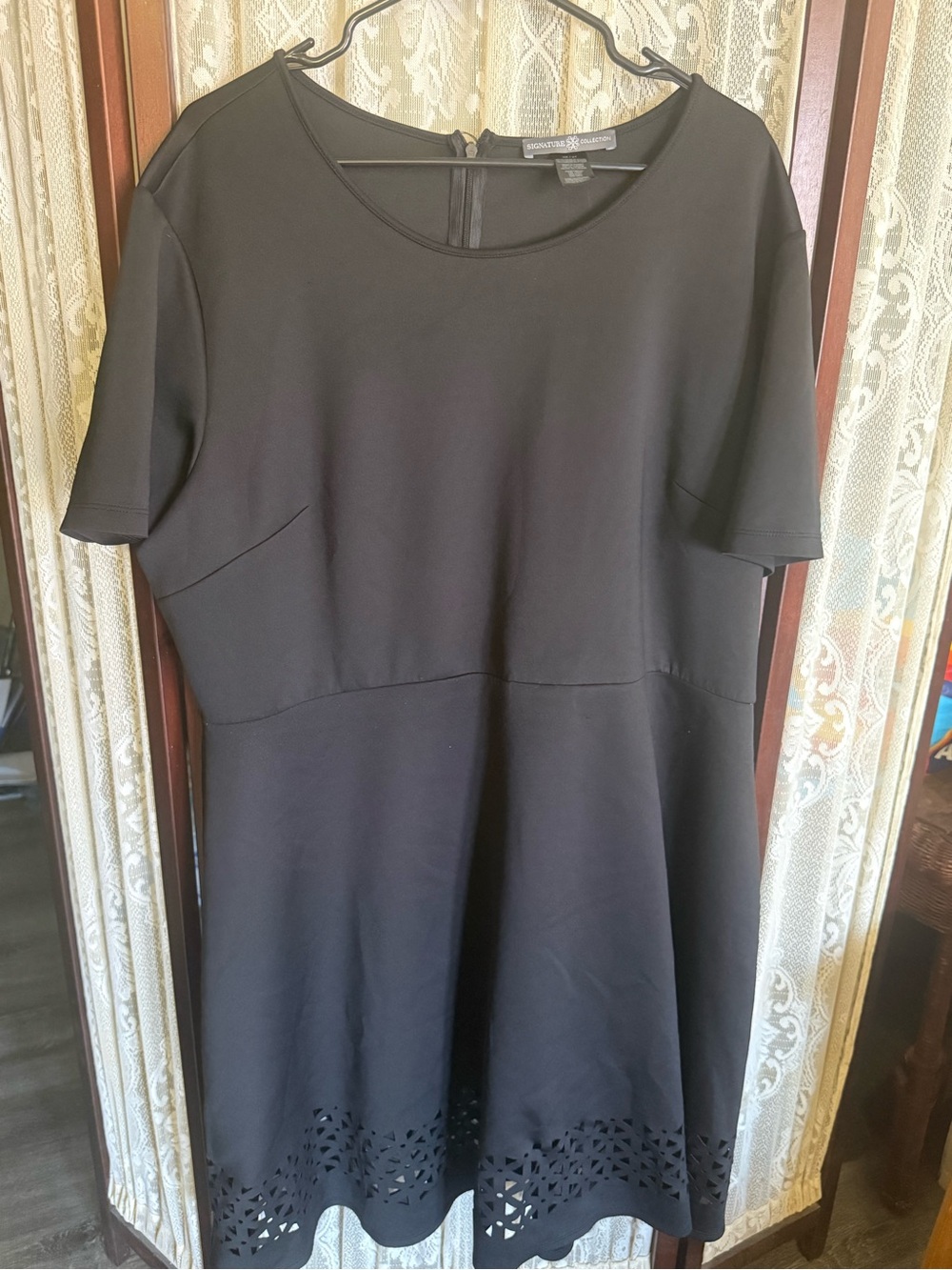 Eloquii Black Short-Sleeve Fit-and-Flare Dress with Laser-Cut Hem